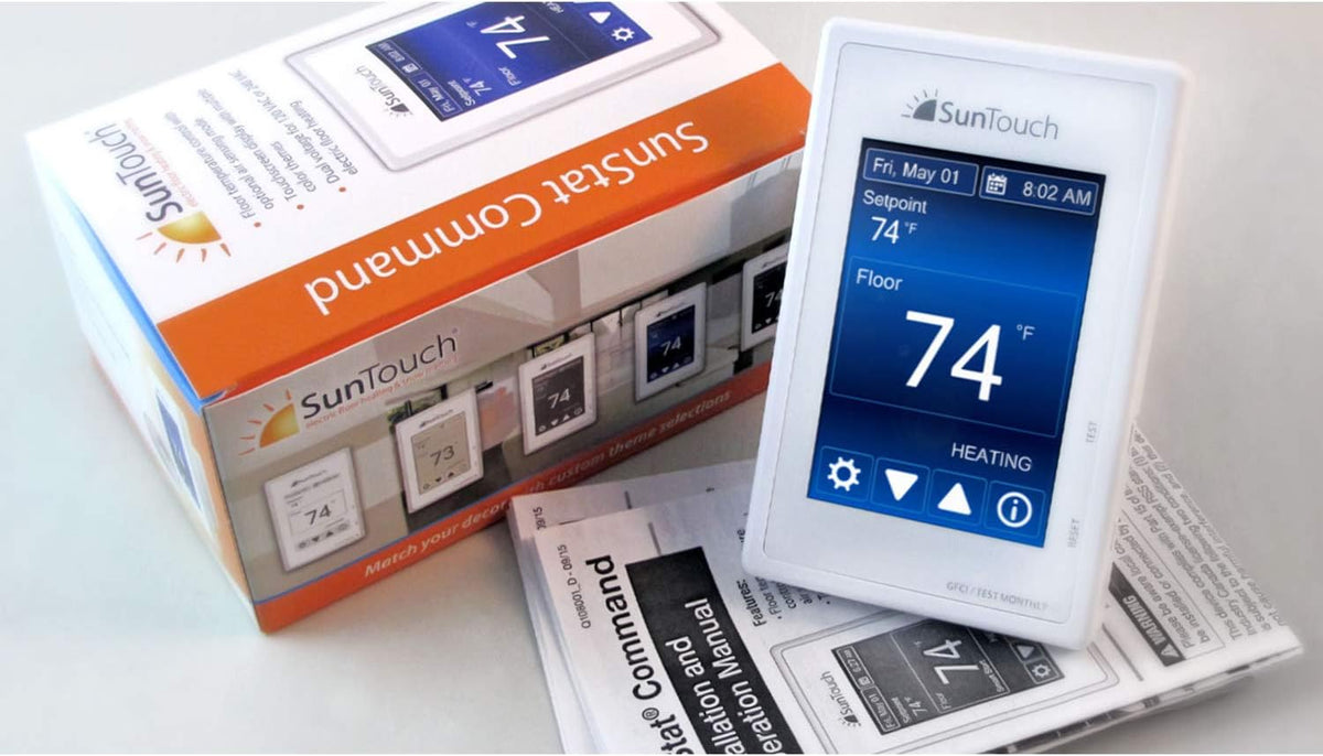 SunTouch Command Touchscreen Programmable Thermostat [universal] Model 500850 (low-profile, user-friendly floor heat control, 120/240V, bright white + paintable beauty ring) includes floor sensor