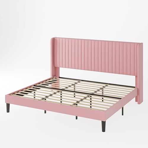 Allewie Queen Size Velvet Bed Frame/Vertical Channel Tufted Wingback Headboard/Upholstered Platform Bed/Strong Wooden Slats/No Box Spring Needed/Easy Assembly/Black