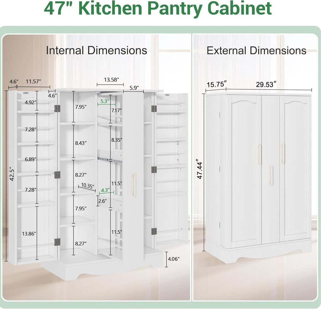 47?? Kitchen Pantry Cabinet with Drawer, Pantry Storage Cabinet with Adjustable Shelves, White Kitchen Pantry Storage Cabinet, Buffet Cupboards Sideboard for Home Office Use