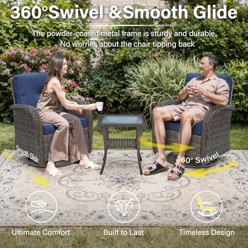 Patio Wicker Chairs Swivel Rocker - Outdoor Swivel Rocking Chairs Set of 2 with Rattan Side Table, Patio Swivel Glider Chair 3 Piece Patio Furniture Sets for Deck Porch Pool Brown/Blue