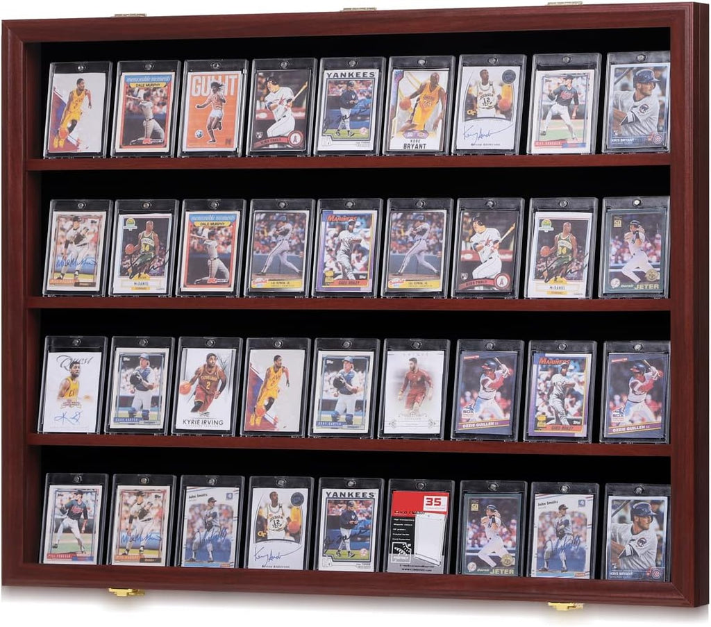 35 Graded Sports Card Display Case - Baseball Card Display Frame with UV Protection Clear View Lockable Wall Cabinet for Basketball Collectible Trading Card Black Finish
