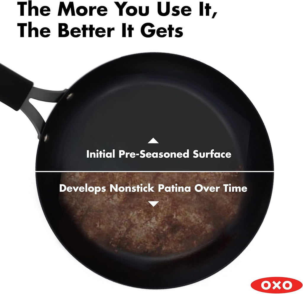 OXO Obsidian Pre-Seasoned Carbon Steel, 12 Wok Pan with Removable Silicone Handle Holder, Induction, Oven Safe, Black