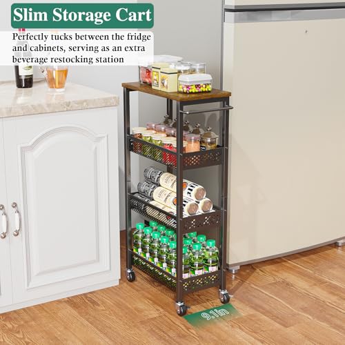 Utility Slim Storage Cart, 4 Tier Small Rolling Kitchen Laundry Room Cart with Wood Top, Metal Narrow Bathroom Storage Cabinet Mobile Shelf Unit Organizer Trolley with Handle for Narrow Space