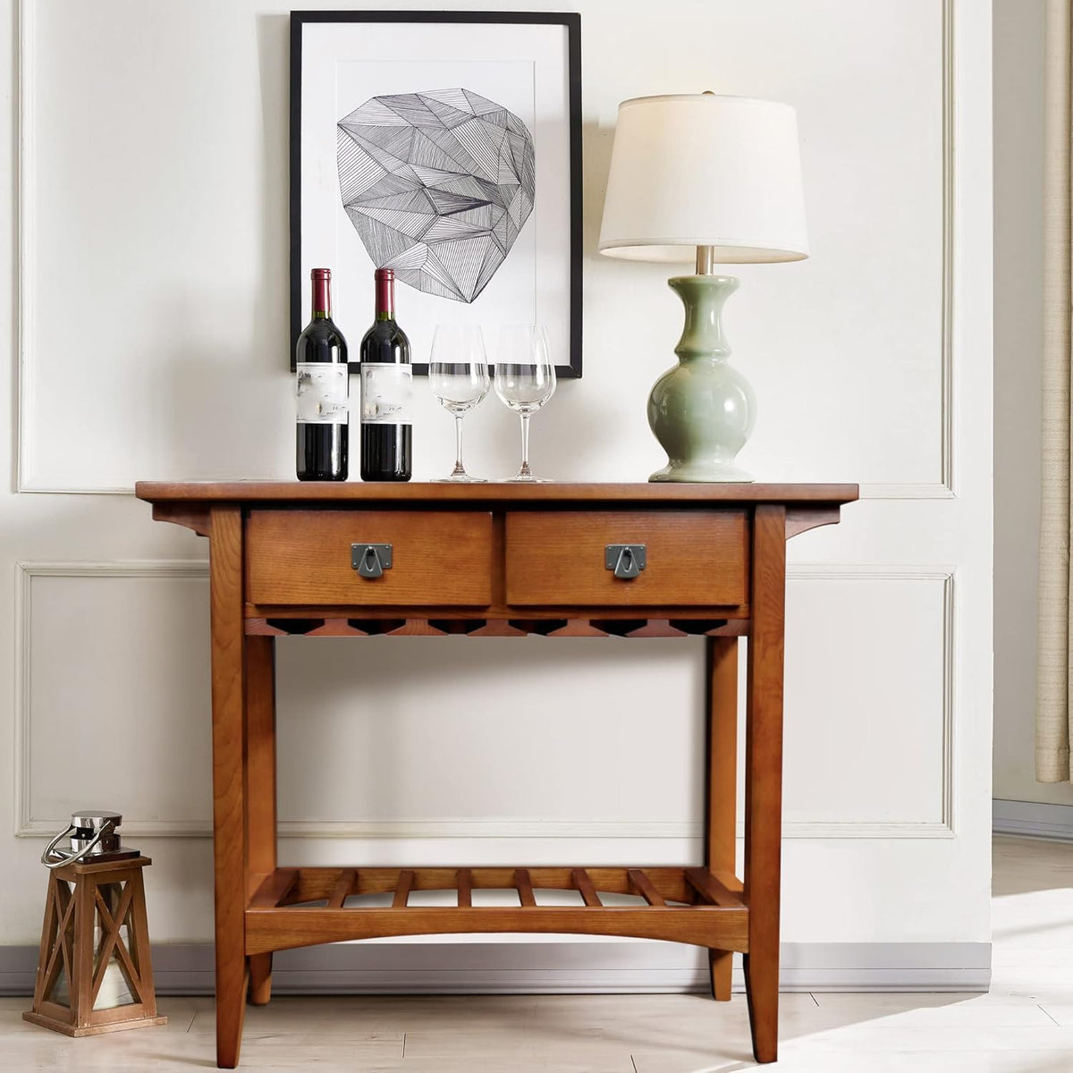 Mission Wine Stand with Glass and Bottle Storage, Two Drawer, for Buffet, Dining, Living Room, Kitchen, Wine Stand and Bar Table, holds 12 glasses and 7 bottles (more when stacked)
