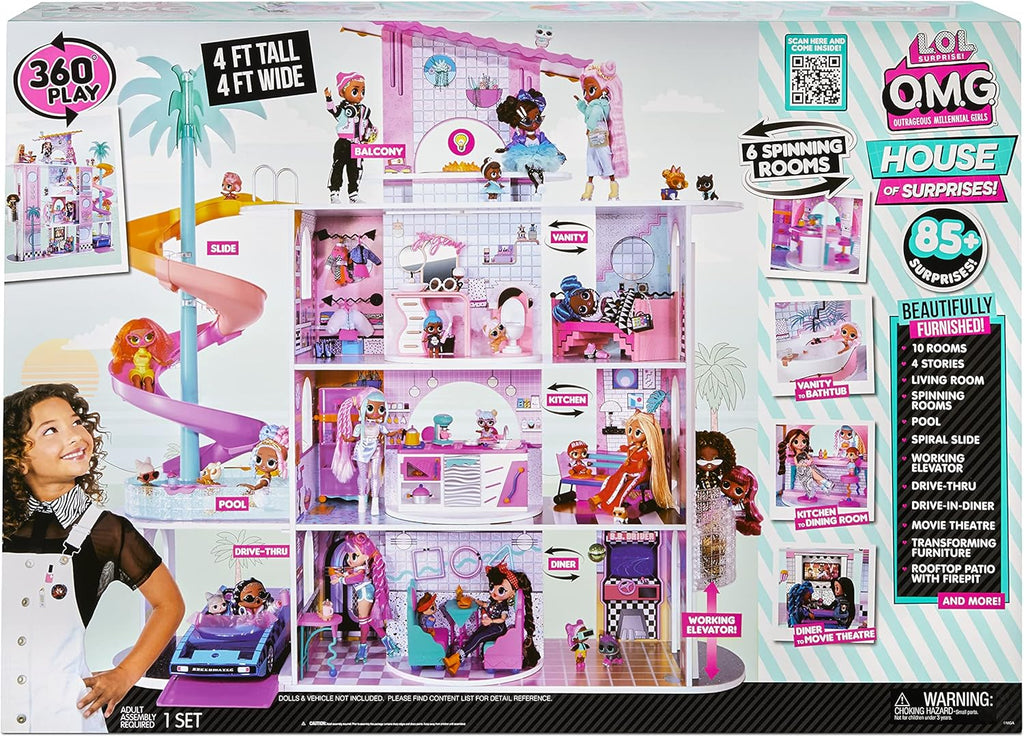 LOL Surprise OMG House of Surprises ?C New Real Wood Dollhouse with 85+ Surprises, 4 Floors, 10 Rooms, Elevator, Spiral Slide, Pool, Movie Theater Drive Thru, Rooftop- Toy Gift for Girls Ages 4 5 6 7+