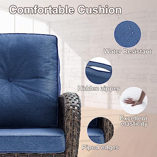 Patio Wicker Chairs Swivel Rocker - Outdoor Swivel Rocking Chairs Set of 2 with Rattan Side Table, Patio Swivel Glider Chair 3 Piece Patio Furniture Sets for Deck Porch Pool Brown/Blue