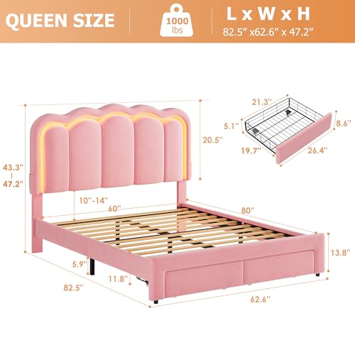 Twin Upholstered LED Bed Frame with Storage Drawer and Adjustable Chic Double Wavy Headboard, Velvet Princess Platform Bed for Kids/Girls, Solid Wood Slats Support, No Box Spring Needed, Beige