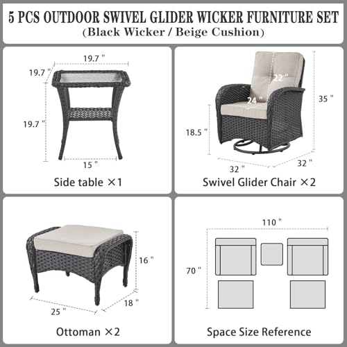 Patio Wicker Chairs Swivel Rocker - Outdoor Swivel Rocking Chairs Set of 2 with Rattan Side Table, Patio Swivel Glider Chair 3 Piece Patio Furniture Sets for Deck Porch Pool Brown/Blue
