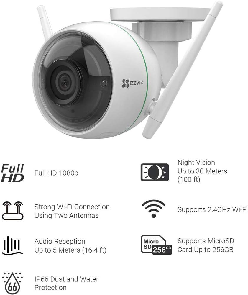 EZVIZ Security Camera Outdoor 1080P WiFi, 100ft Night Vision, Weatherproof, Smart Motion Detection Zone, 2.4GHz WiFi Only(C3WN, 2 Packs)