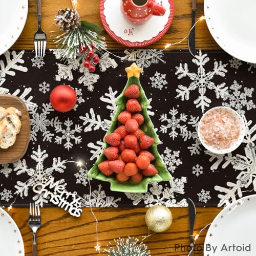 Artoid Mode Navy Blue Snowflakes Christmas Table Runner, Seasonal Winter Holiday Kitchen Dining Table Decoration for Home Party Decor 13x72 Inch
