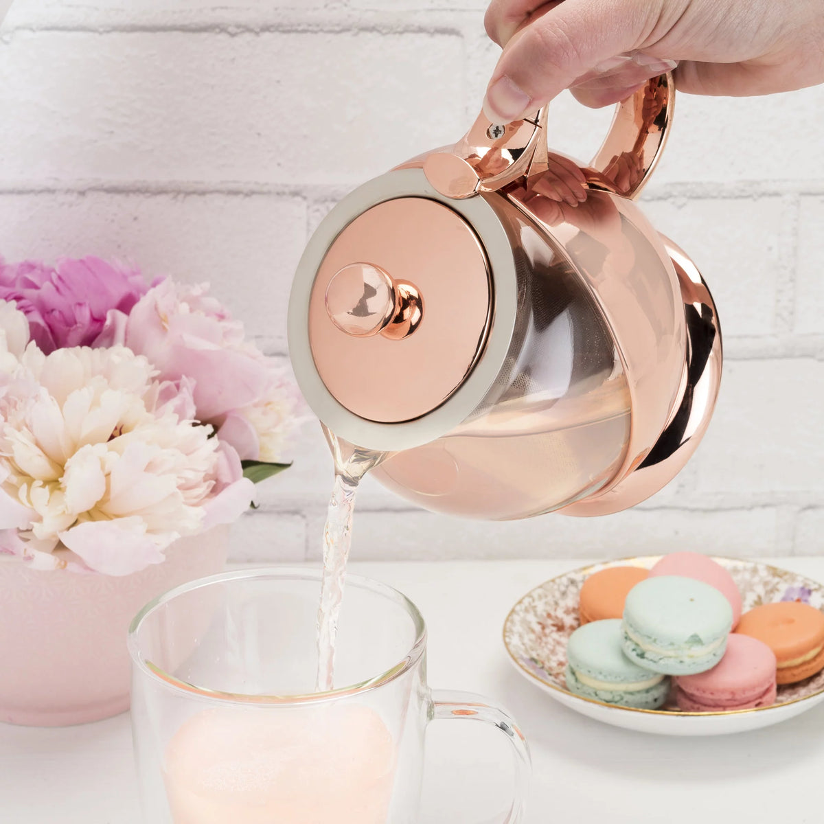 Pinky Up Rose Gold Wrapped Teapot - Tea Clear Glass Pot with Infuser Strainer and Tea Kettle for Loose Tea, 24 Oz