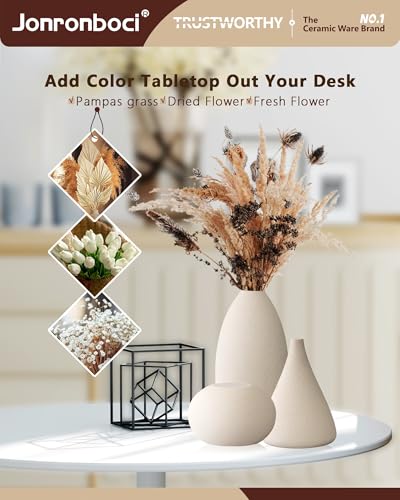 Ceramic Vase Set, Vases Home Decor,3 pc Boho Decor for Shelf & Centerpiece Table Decorations for Entryway Table, Dining Table or Mantle Fireplace Bookshelf Decor (Matte White)
