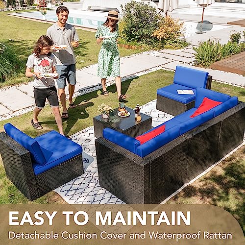 Devoko Patio Furniture Sets 6 Pieces Outdoor Sectional Rattan Sofa Manual Weaving Wicker Patio Conversation Set with Glass Table and Cushion (Beige)