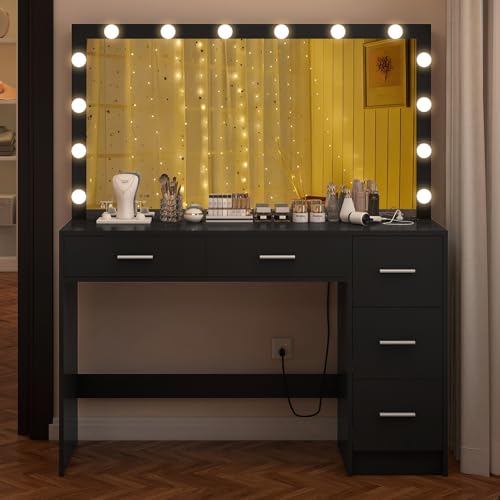 Makeup Vanity Desk with Mirror, 10 Lights, 5 Drawers, 3 Storage Shelves, 3 Color Modes & Adjustable Brightness Dressing Table, 35.4?? Desk, Black