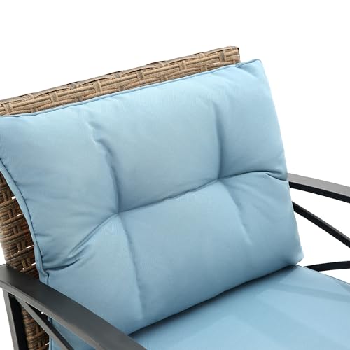 Outdoor Wicker Rocking Chairs Patio - 3 Pieces Patio Furniture Rattan Rocker Chairs Wicker Rocking Bistro Set with Cushions and Side Table for Garden Patio Yard Porch Lawn Balcony (Blue)