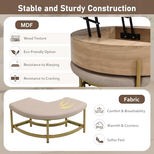 Linique Modern Round Lift-Top Coffee Table with Storage and 3 Ottoman, White + Black