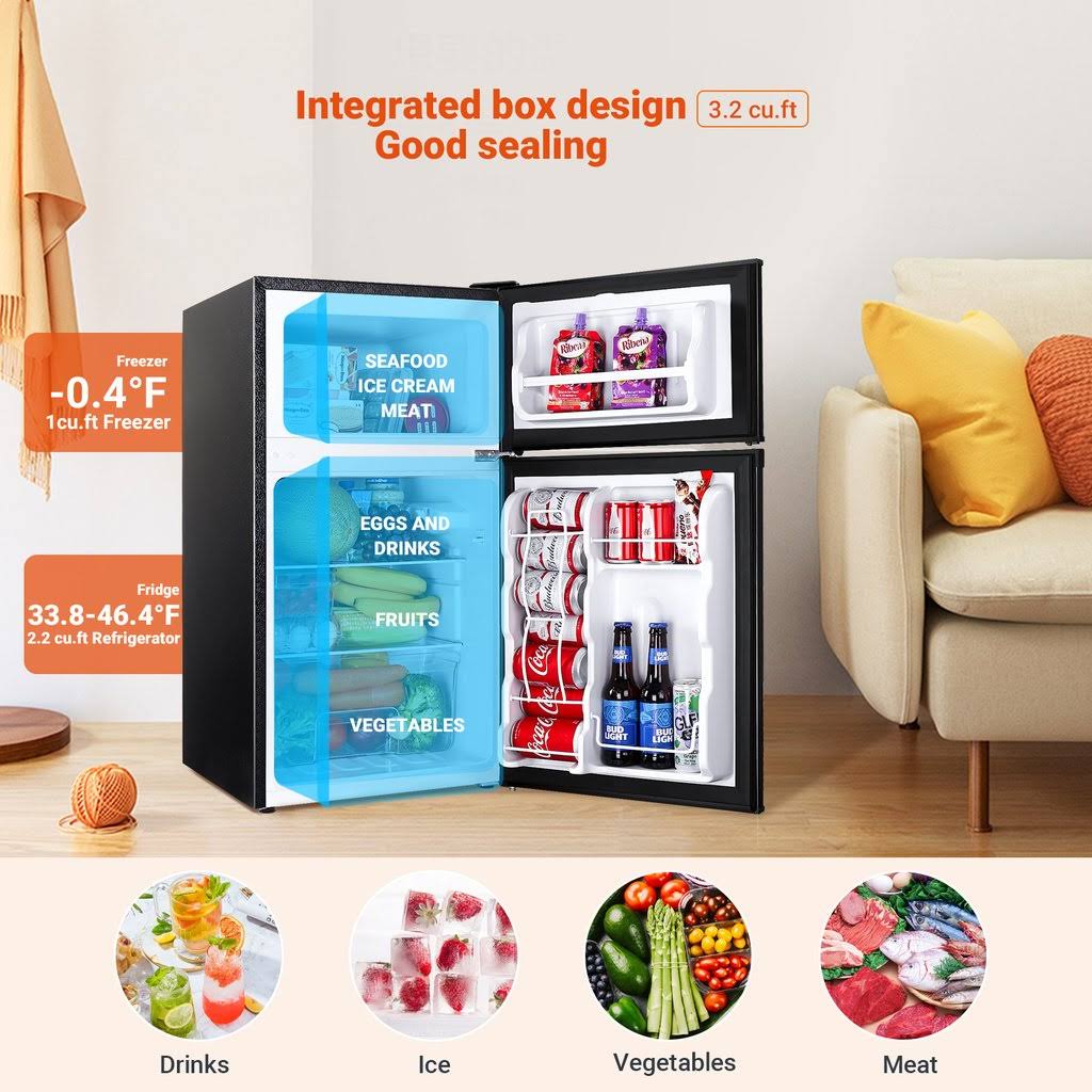 Tacklife Mini Fridge with Freezer 3.1 Cu.ft, Compact Refrigerator 2 Door Low Noise, Energy Saving, LED INSIDE, Upright Fridge fo
