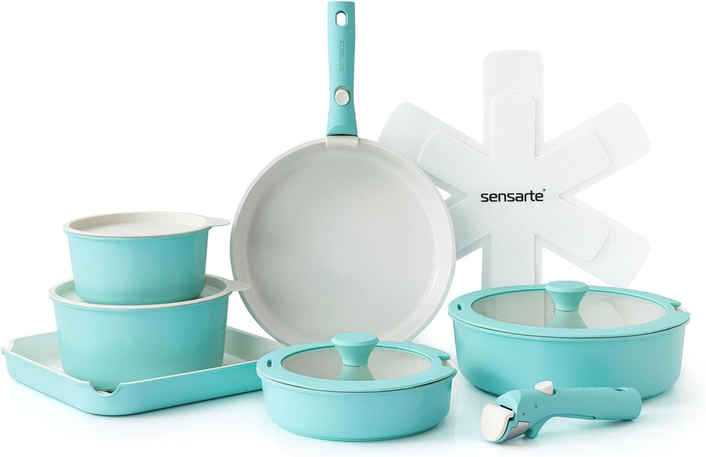 SENSARTE 17 Piece Ceramic Pots and Pans Set, Nonstick Detachable Handle Cookware, Induction Kitchen Cookware Set with Removable Handle, Dishwasher ?? Oven Safe (Gray)