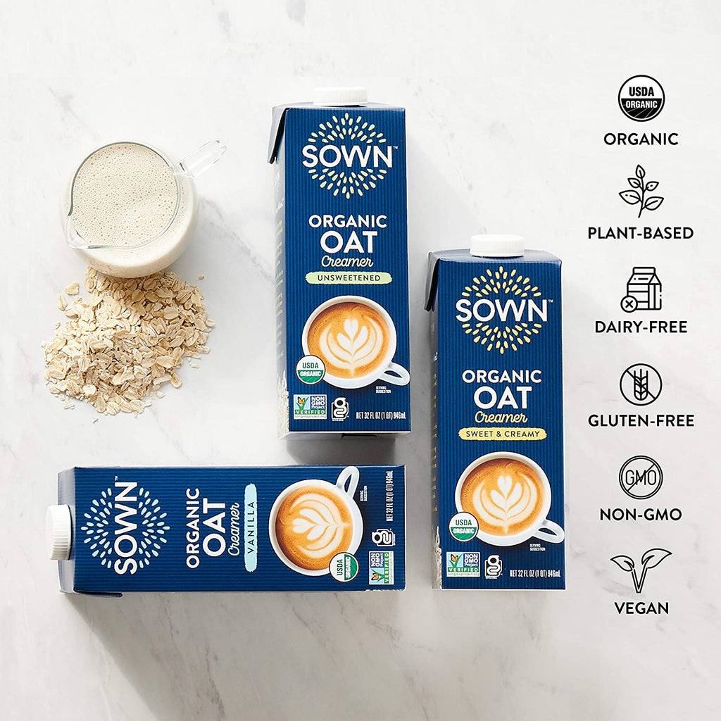 SOWN Organic Oat Creamer Unsweetened - Barista Oat Milk Non Dairy Coffee Creamer - Plant Based, Dairy-Free, Vegan, 0g Added Sugar, Gluten-Free, Non-GMO, Shelf Stable - 32oz (Pack of 6)