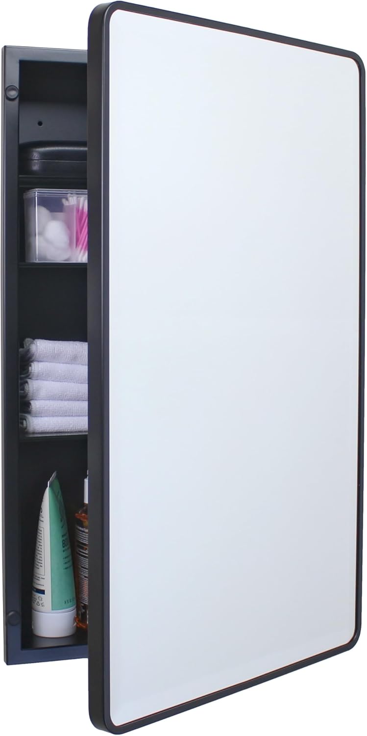 16x20 Austin Farmhouse Metal Framed Rounded Rectangle Recessed Bathroom Medicine Cabinet, Beveled Mirror, 14x18 in-Wall Opening, powder-coated Steel, Glass Shelves, Magnet Close, Brushed Nickel