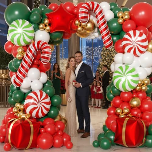 165Pcs Christmas Balloon Arch Garland Kit with Xmas Red White Green Gold Latex Balloons Gift Box Candy Cane Star Foil Balloons Arch Kit for Christmas New Year Party Birthday Party Decorations