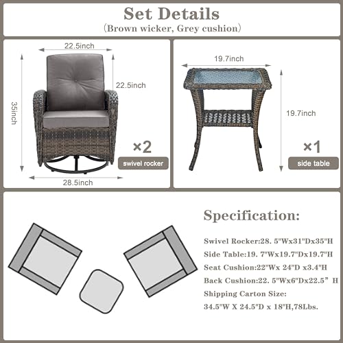 Patio Wicker Chairs Swivel Rocker - Outdoor Swivel Rocking Chairs Set of 2 with Rattan Side Table, Patio Swivel Glider Chair 3 Piece Patio Furniture Sets for Deck Porch Pool Brown/Blue