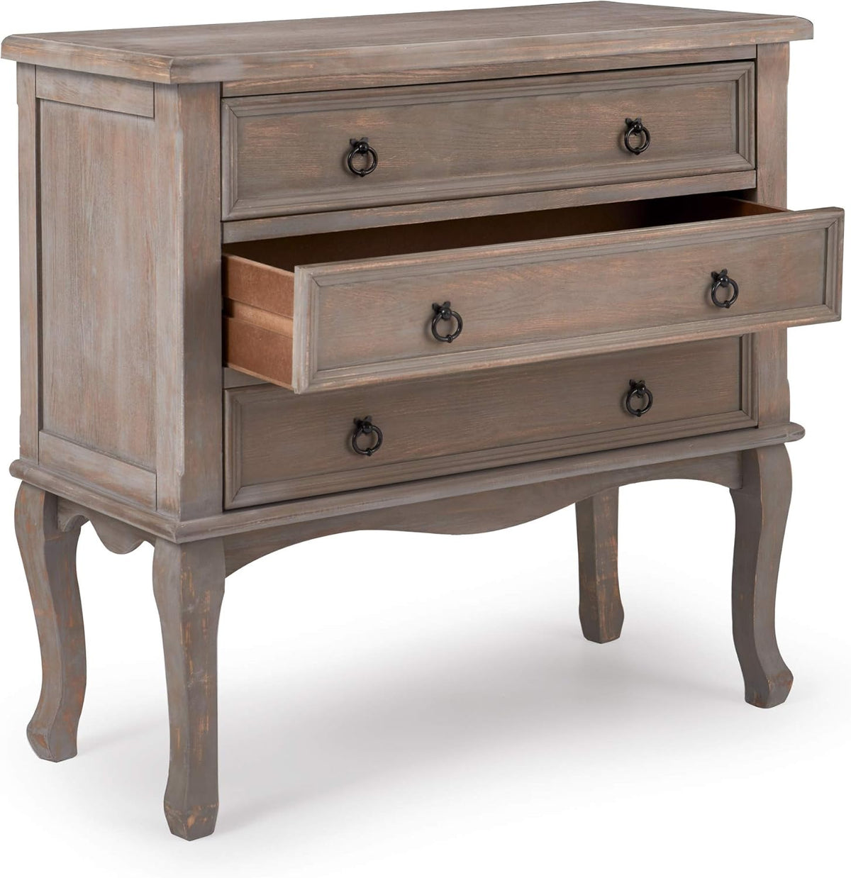 ClickDecor Thomas Antique Country Style Dresser Chest with 3 Drawers, Weathered Wood Nightstand Living Room Accent Furniture, Black Ring Handle, Curved Legs, Gray