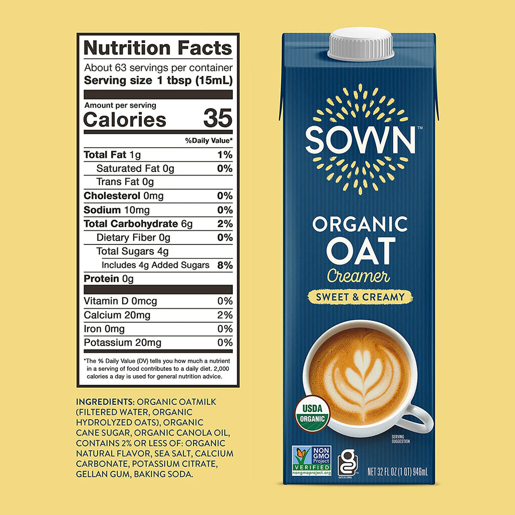 SOWN Organic Oat Creamer Unsweetened - Barista Oat Milk Non Dairy Coffee Creamer - Plant Based, Dairy-Free, Vegan, 0g Added Sugar, Gluten-Free, Non-GMO, Shelf Stable - 32oz (Pack of 6)