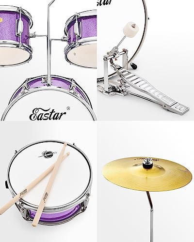 Kids Drum KIt Eastar 3-Piece for Beginners, 14 inch Drum Set with Adjustable Throne, Cymbal, Pedal & Two Pairs of Drumsticks, Junior Drum Set with Bass Tom Snare Drum, Metallic Sky Blue
