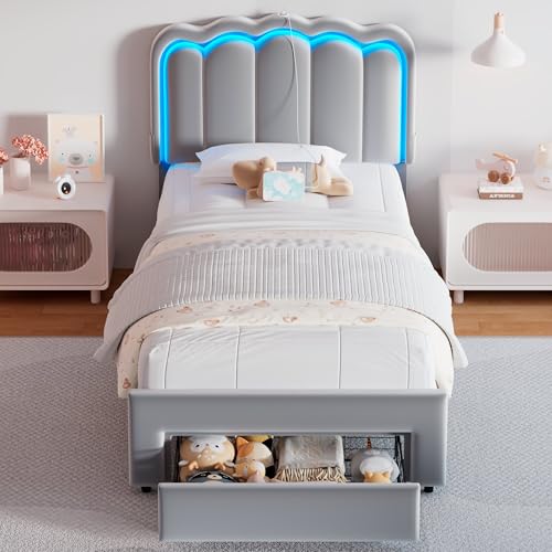 Twin Upholstered LED Bed Frame with Storage Drawer and Adjustable Chic Double Wavy Headboard, Velvet Princess Platform Bed for Kids/Girls, Solid Wood Slats Support, No Box Spring Needed, Beige