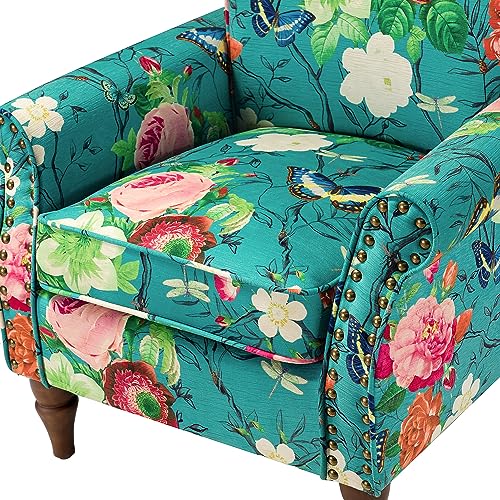 HULALA HOME Modern Wingback Accent Chair with Wood Legs & Removable Cushion, Comfy Upholstered Armchair with Nailhead Trim, Floral Pattern Single Sofa Chair for Living Room Bedroom, Blue