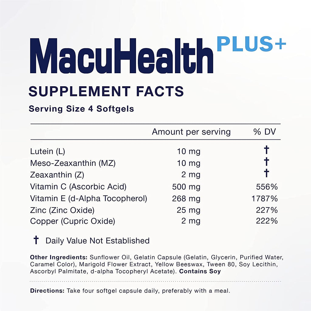 MacuHealth Plus+ Eye Vitamins Supplement for Adults (90 Days Supply) AREDS2 Based Formula for AMD with Lutein, Zeaxanthin, and Meso-Zeaxanthin | Protect Against Macular Degeneration