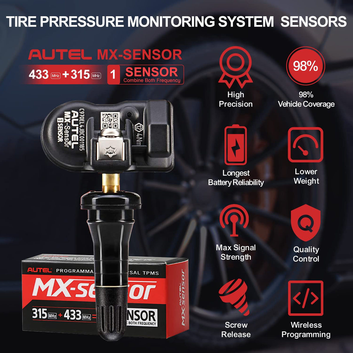 Autel TPMS Sensor MX-Sensor TPS218-315MHz+433MHz 2 in 1 Dual Frequency Replaced OEM Tire Pressure Sensor Universal Programmable Screw-in Sensor Sets of 4 (Rubber Valves)