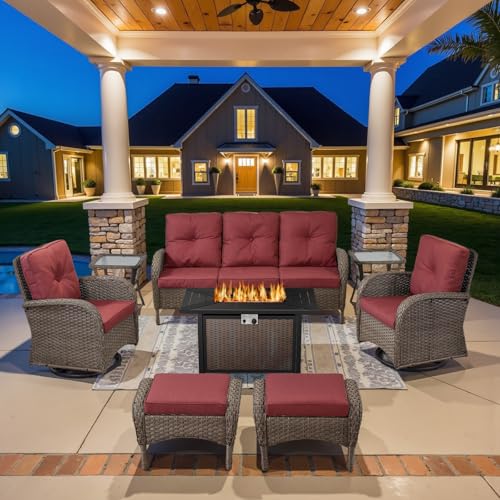 Patio Wicker Chairs Swivel Rocker - Outdoor Swivel Rocking Chairs Set of 2 with Rattan Side Table, Patio Swivel Glider Chair 3 Piece Patio Furniture Sets for Deck Porch Pool Brown/Blue