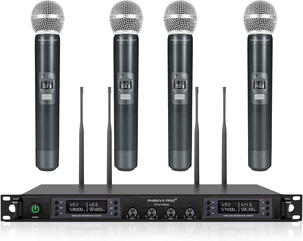 Wireless Microphone System, Phenyx Pro Quad Channel Cordless Mic Set with Metal Handheld Mics, 4x40 Channels, Auto Scan, Long Distance 328ft, Ideal for DJ, Church, Outdoor Events (PTU-7000A)
