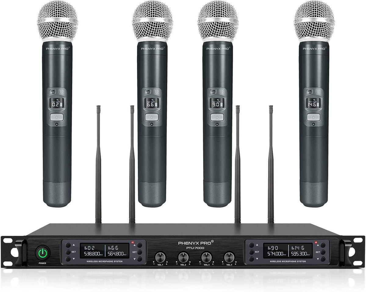 Wireless Microphone System, Phenyx Pro Quad Channel Cordless Mic Set with Metal Handheld Mics, 4x40 Channels, Auto Scan, Long Distance 328ft, Ideal for DJ, Church, Outdoor Events (PTU-7000A)