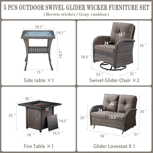 Patio Wicker Chairs Swivel Rocker - Outdoor Swivel Rocking Chairs Set of 2 with Rattan Side Table, Patio Swivel Glider Chair 3 Piece Patio Furniture Sets for Deck Porch Pool Brown/Blue