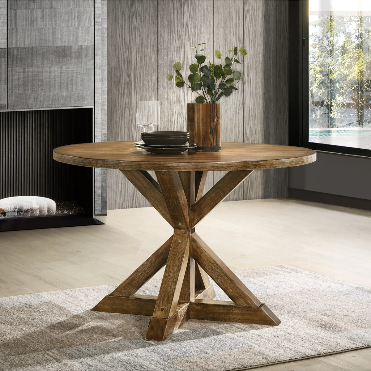 Roundhill Furniture Windvale Cross-Buck Wood 5-Piece Dining Set in Tan
