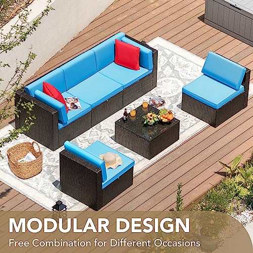 Devoko Patio Furniture Sets 6 Pieces Outdoor Sectional Rattan Sofa Manual Weaving Wicker Patio Conversation Set with Glass Table and Cushion (Beige)