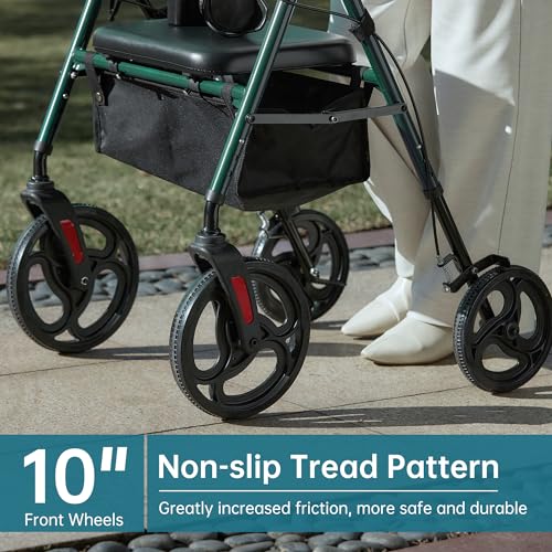ELENKER Rollator Walker with 10?? Wheels, Sponge Padded Seat and Backrest, Fully Adjustment Frame for Seniors, Green