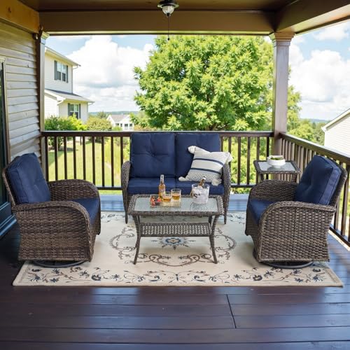 Patio Wicker Chairs Swivel Rocker - Outdoor Swivel Rocking Chairs Set of 2 with Rattan Side Table, Patio Swivel Glider Chair 3 Piece Patio Furniture Sets for Deck Porch Pool Brown/Blue