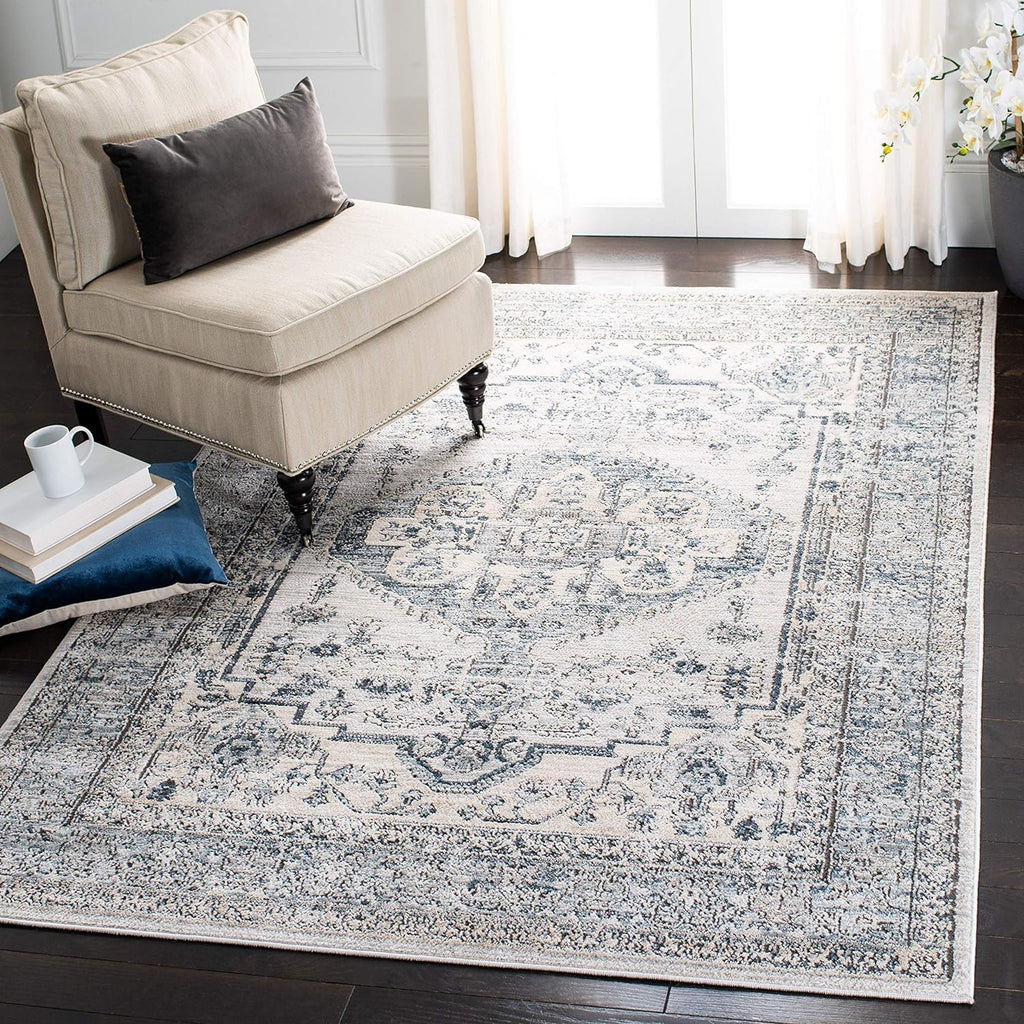 SAFAVIEH Oregon Collection ORE877F Oriental Distressed Non-Shedding Living Room Bedroom Dining Home Office Area Rug, 8′ x 10′, Grey / Ivory