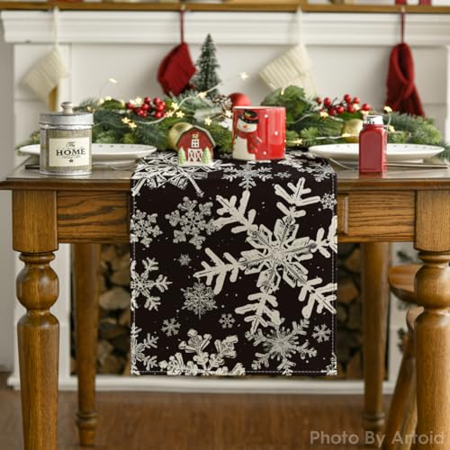Artoid Mode Navy Blue Snowflakes Christmas Table Runner, Seasonal Winter Holiday Kitchen Dining Table Decoration for Home Party Decor 13x72 Inch