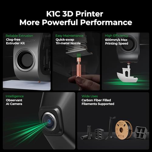 Creality K1C 3D Printer, 600mm/s High-Speed Auto Leveling Clog-Free Robust Direct Extruder K1 SE Upgraded 3D Printer with AI Camera 300??C Printing Silent Mode Support Carbon Fiber Filaments