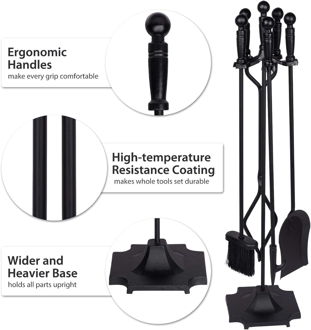 Parts & Accessories 5-Piece Fireplace Tools Set, 32 Inch Wrought Iron Fireplace Accessories Includes Fire Poker, Shovel, Brush, Tong, and Stand, Easy to Assemble