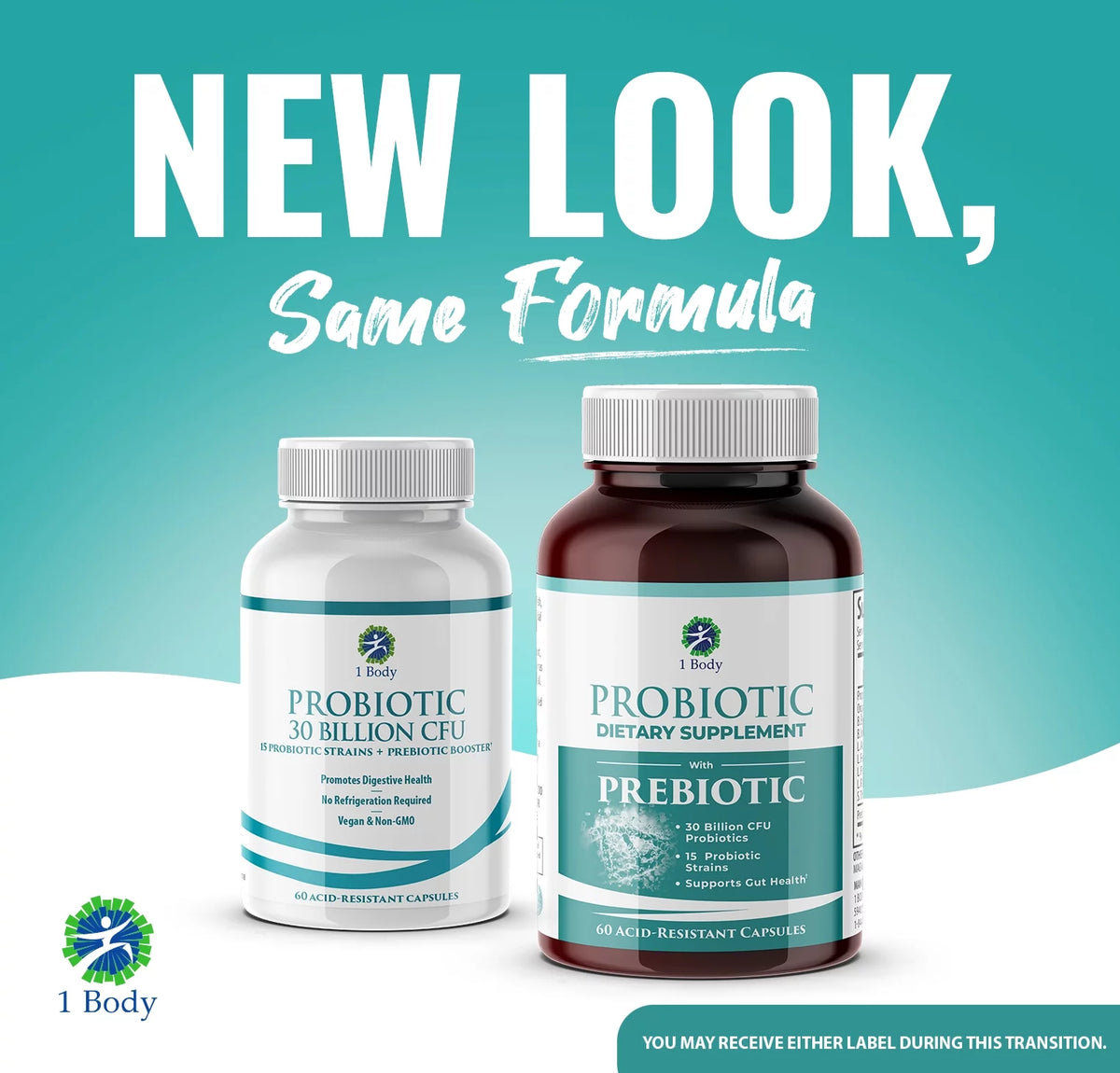 (2 bottles) 1 Body Probiotic 30 Billion CFU Supplement with Prebiotics with 120 Acid Resistant Vegan Capsules to Promote Gut Health & Support Immune System for Men and Women