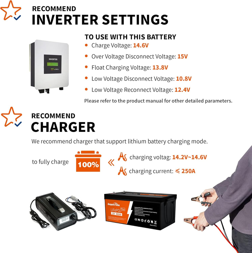 Ampere Time 12V 400Ah Deep Cycle LiFePO4 Battery Pack, with Built-in 250A BMS, Longer Runtime with 5.12kWh, 4000+ Cycle, Perfect for Solar System, RV, Backup Power, Off-Grid and Marine Applications. Pack of 2