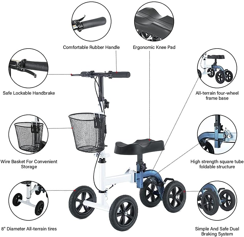 RINKMO Knee Scooter,All-Terrain Foldable Knee Scooter Walker Economical Knee Scooters for Foot Injuries Best Crutches Alternative (White+Blue)