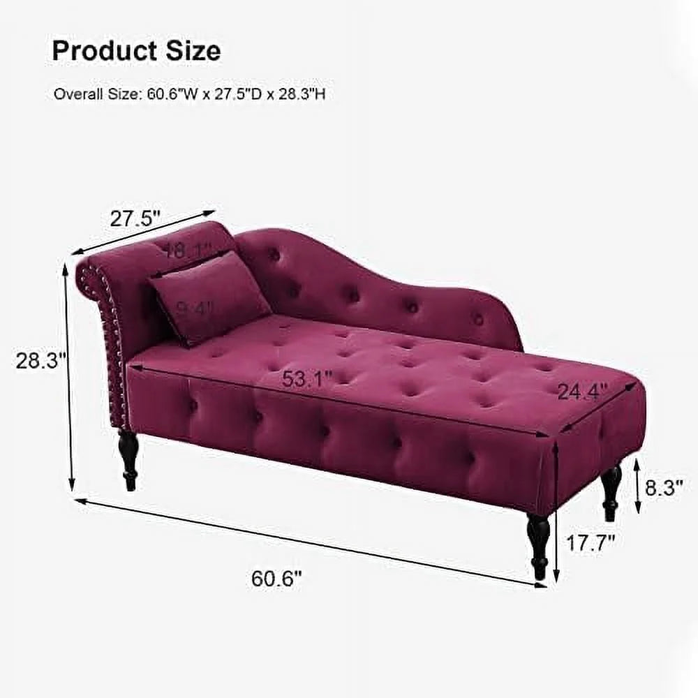 TJUNBOLIFE Velvet Chaise Lounge Indoor 60u201D Tufted Upholstered Lounge Chair with Pillow & Rolled Arm Nailhead Trim for Bedroom Living Room Office Grey