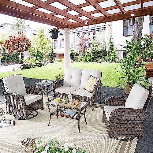 Patio Wicker Chairs Swivel Rocker - Outdoor Swivel Rocking Chairs Set of 2 with Rattan Side Table, Patio Swivel Glider Chair 3 Piece Patio Furniture Sets for Deck Porch Pool Brown/Blue